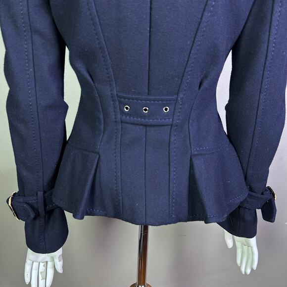 BCBG MaxAzria coat XS Pea Coat Military Ruffle Regal Royal Wool Spy Blue Trench - Picture 10 of 16